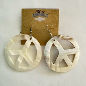 Cream Peace Sign Dangle Earrings Blue Asphalt